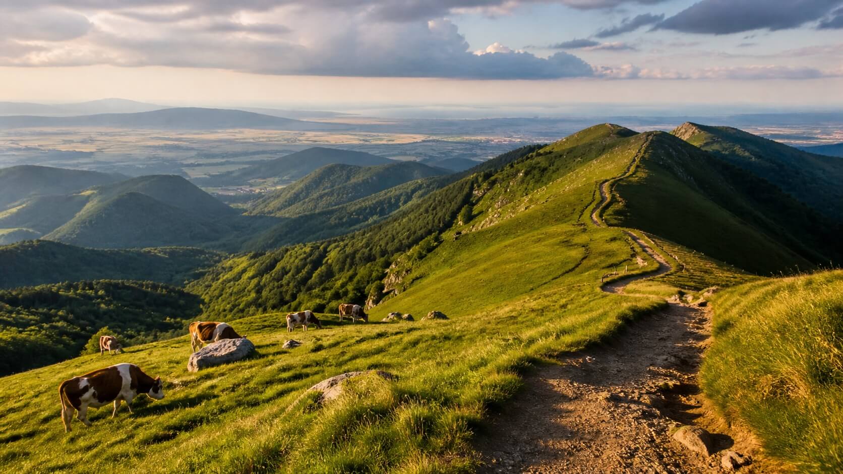 Vue panoramique du massif des Vosges avec prairies d’altitude, sentier de randonnée et paysage sur la plaine d’Alsace