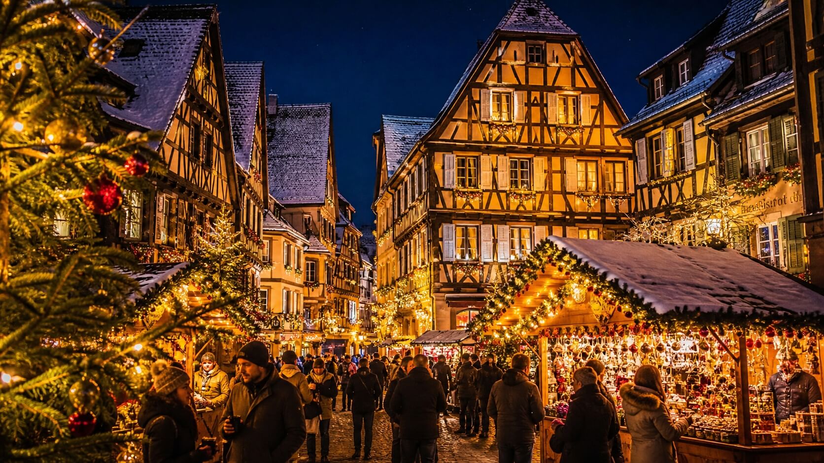 Marché de Noël en Alsace avec maisons à colombages illuminées, chalets en bois et ambiance festive hivernale