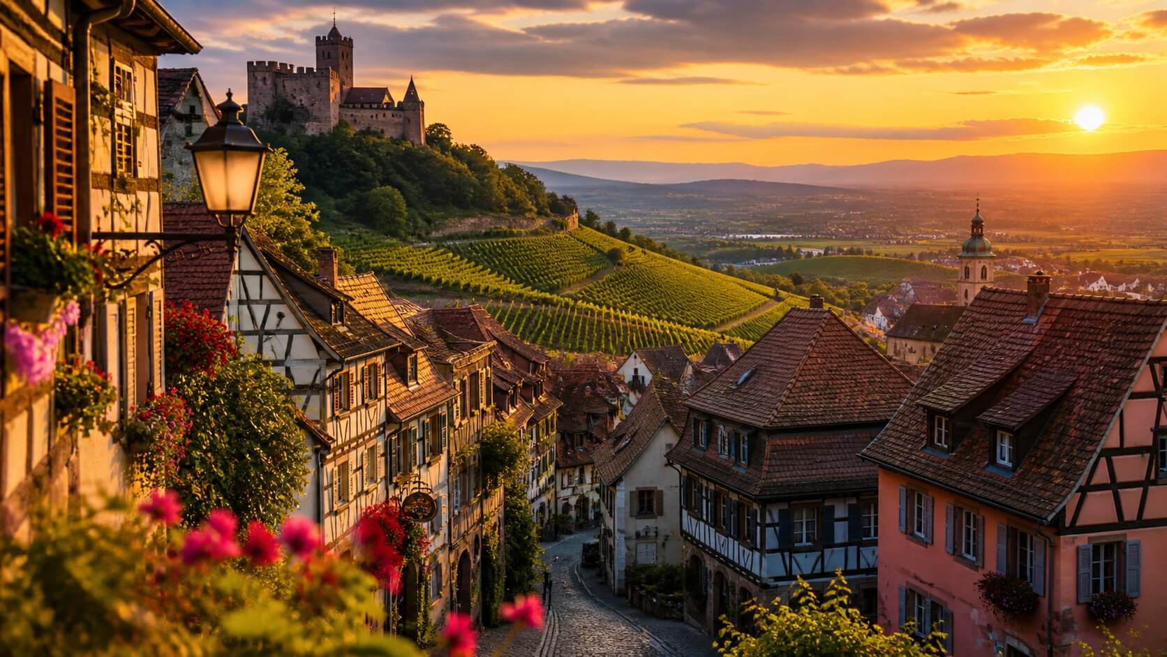 Vue panoramique de l’Alsace avec villages à colombages, vignobles et château dans les Vosges au coucher du soleil