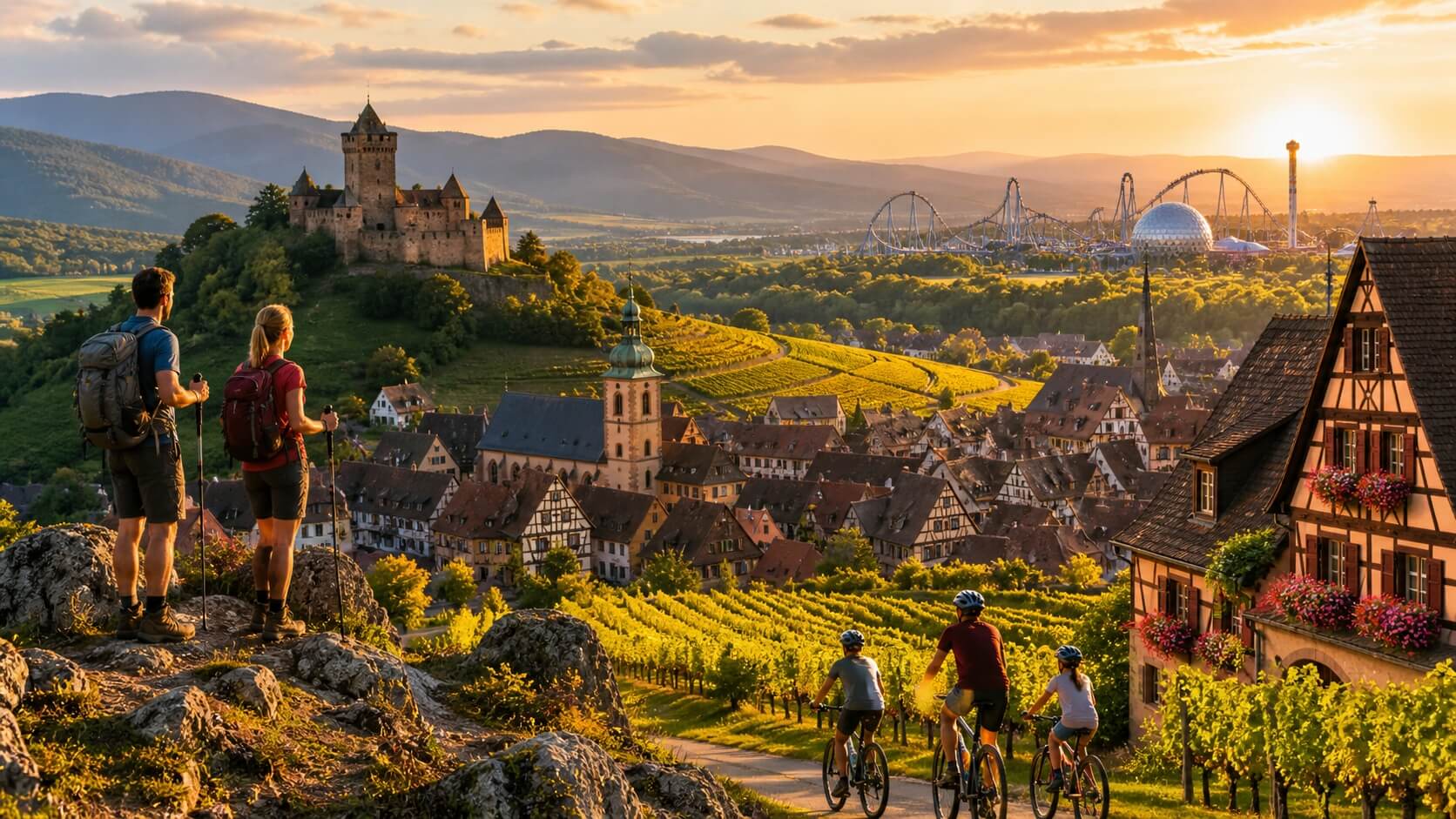 Paysage d’Alsace avec randonneurs dans les Vosges, vignobles, village à colombages et activités de loisirs en famille