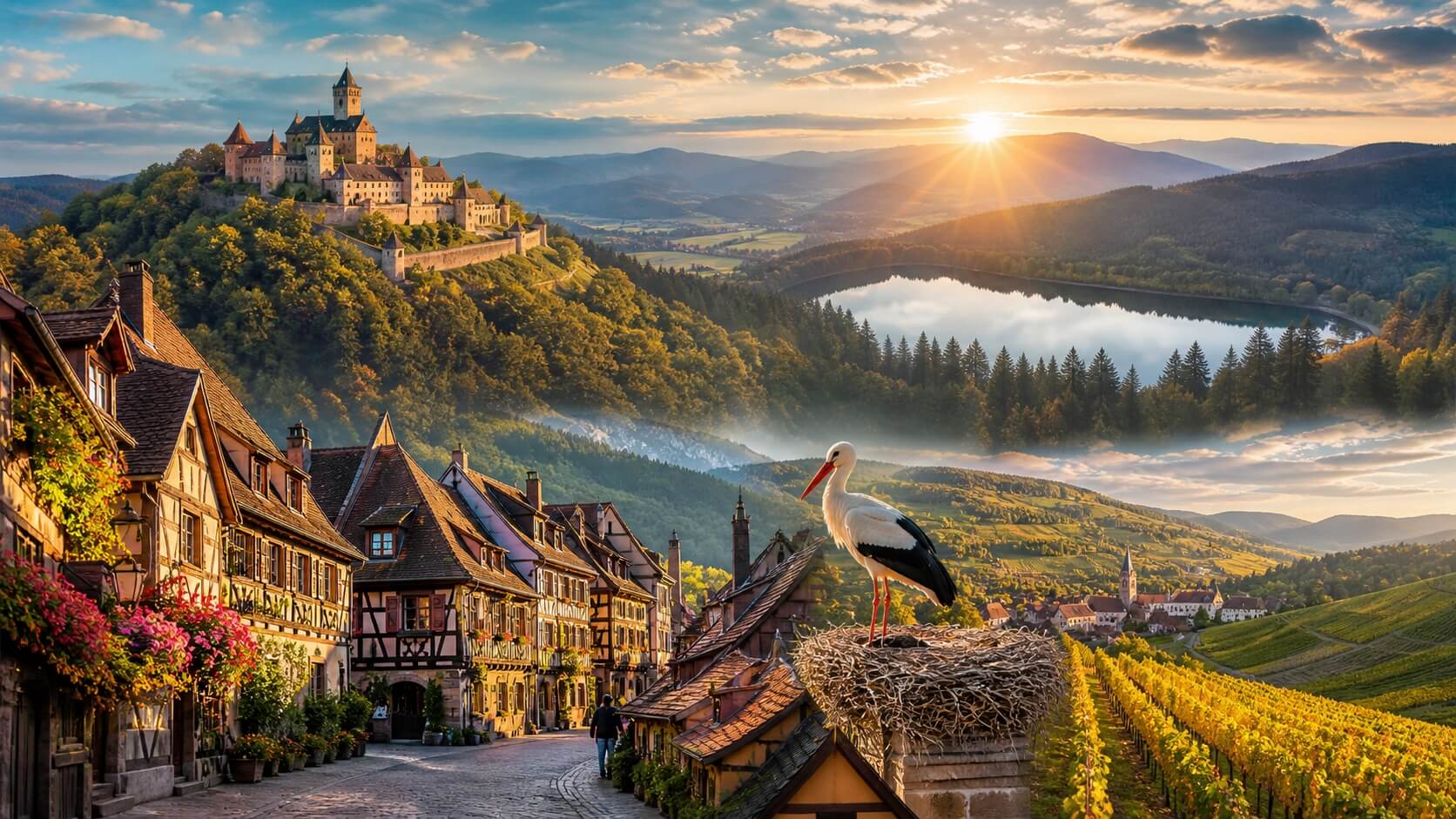 Vue panoramique de l’Alsace avec village à colombages, château médiéval, lac des Vosges et cigogne sur un toit