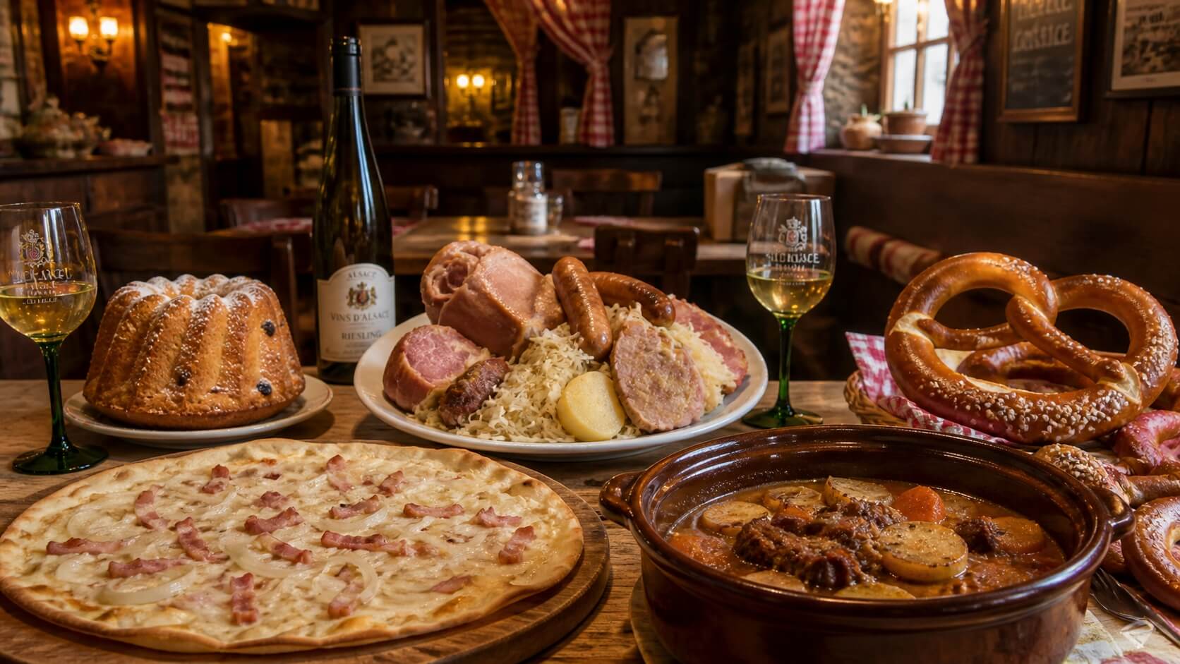 Table de spécialités alsaciennes avec choucroute, tarte flambée, kougelhopf et vin blanc dans une winstub traditionnelle