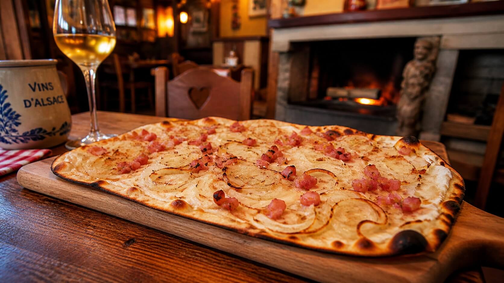 Tarte flambée alsacienne croustillante avec crème, oignons et lardons servie dans un restaurant typique
