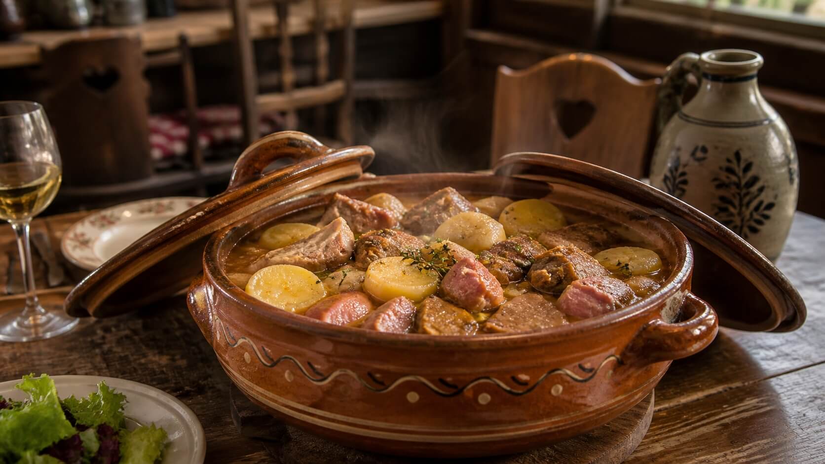 Terrine de baeckeoffe alsacien ouverte, avec pommes de terre et viandes mijotées dans une ambiance chaleureuse de winstub