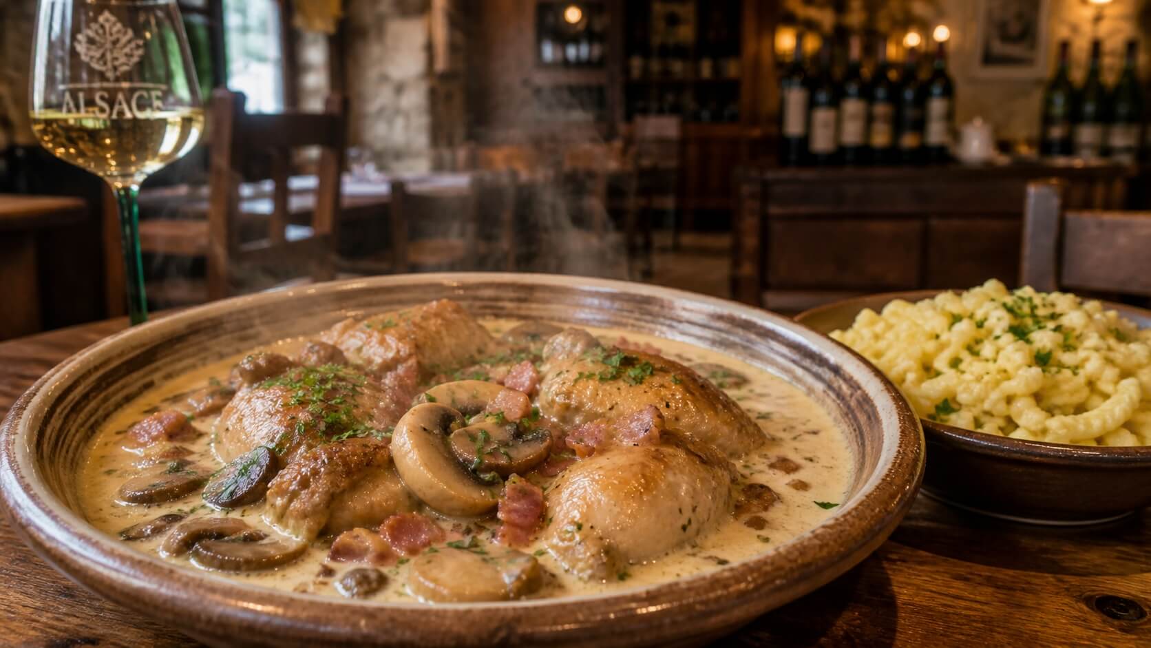 Coq au Riesling alsacien servi avec spätzles, dans une sauce crémeuse au vin blanc avec champignons et lardons, présenté sur une table en bois dans une winstub traditionnelle