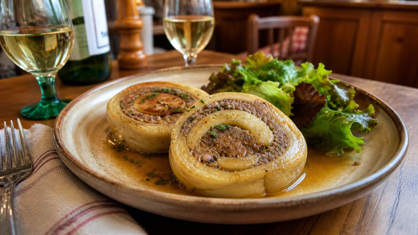 Assiette de Fleischnacka alsacienne avec rondelles de pâte farcies à la viande, dorées et servies avec une salade verte.