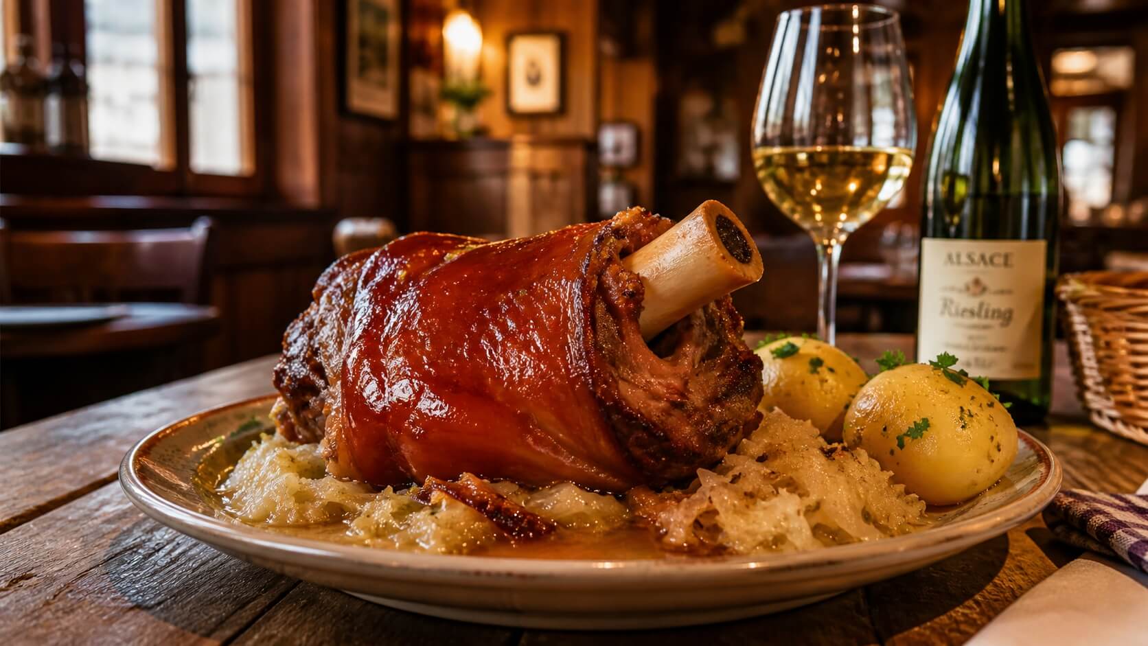Jambonneau braisé alsacien servi avec choucroute et pommes de terre dans une winstub traditionnelle.