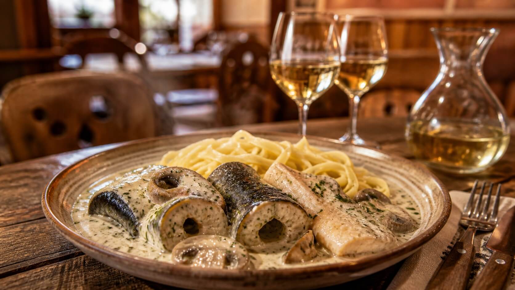 Matelote d’anguilles alsacienne avec poissons de rivière en sauce crémeuse au riesling et champignons, servie dans une auberge traditionnelle