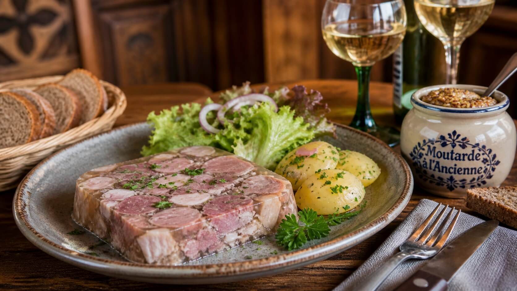 Terrine de presskopf alsacien en gelée servie avec salade, pommes de terre et pain de seigle dans une winstub traditionnelle