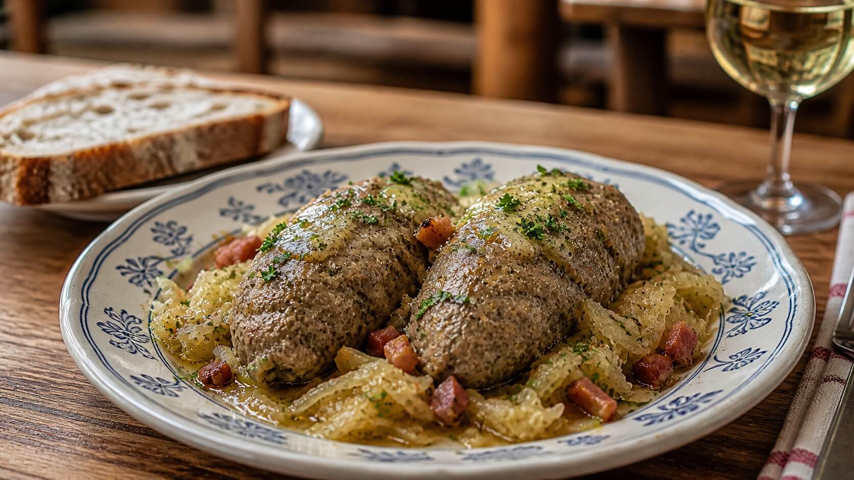 Assiette de quenelles de foie alsaciennes servies avec chou braisé, lardons et beurre noisette dans une winstub traditionnelle