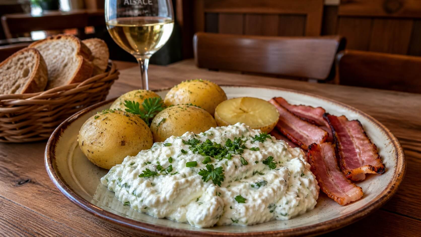 Assiette de bibeleskaes alsacien, fromage blanc aux herbes servi avec pommes de terre chaudes et lard fumé dans une winstub traditionnelle