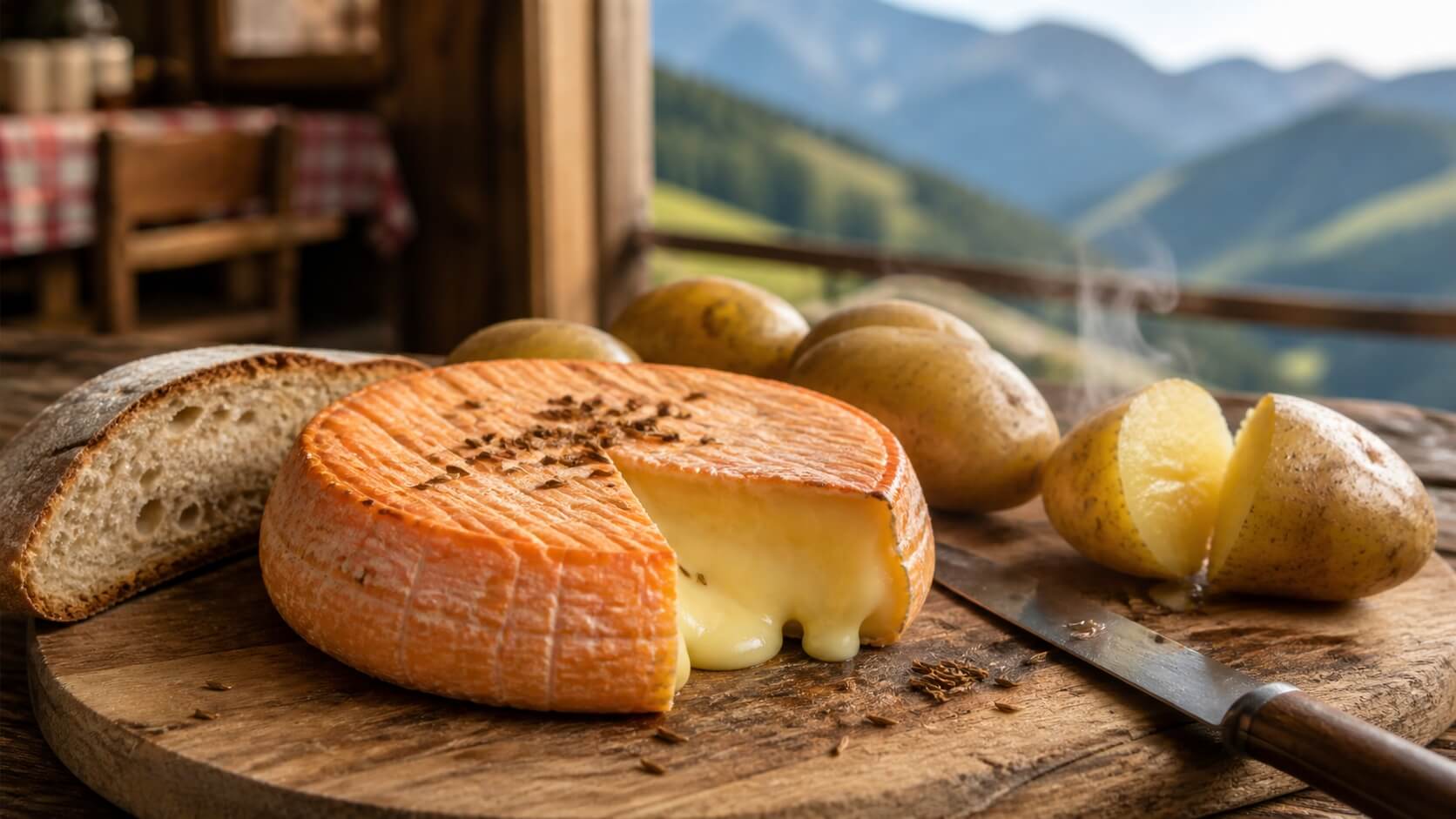 Fromage munster alsacien crémeux avec pommes de terre en robe des champs et graines de cumin dans une ferme des Vosges