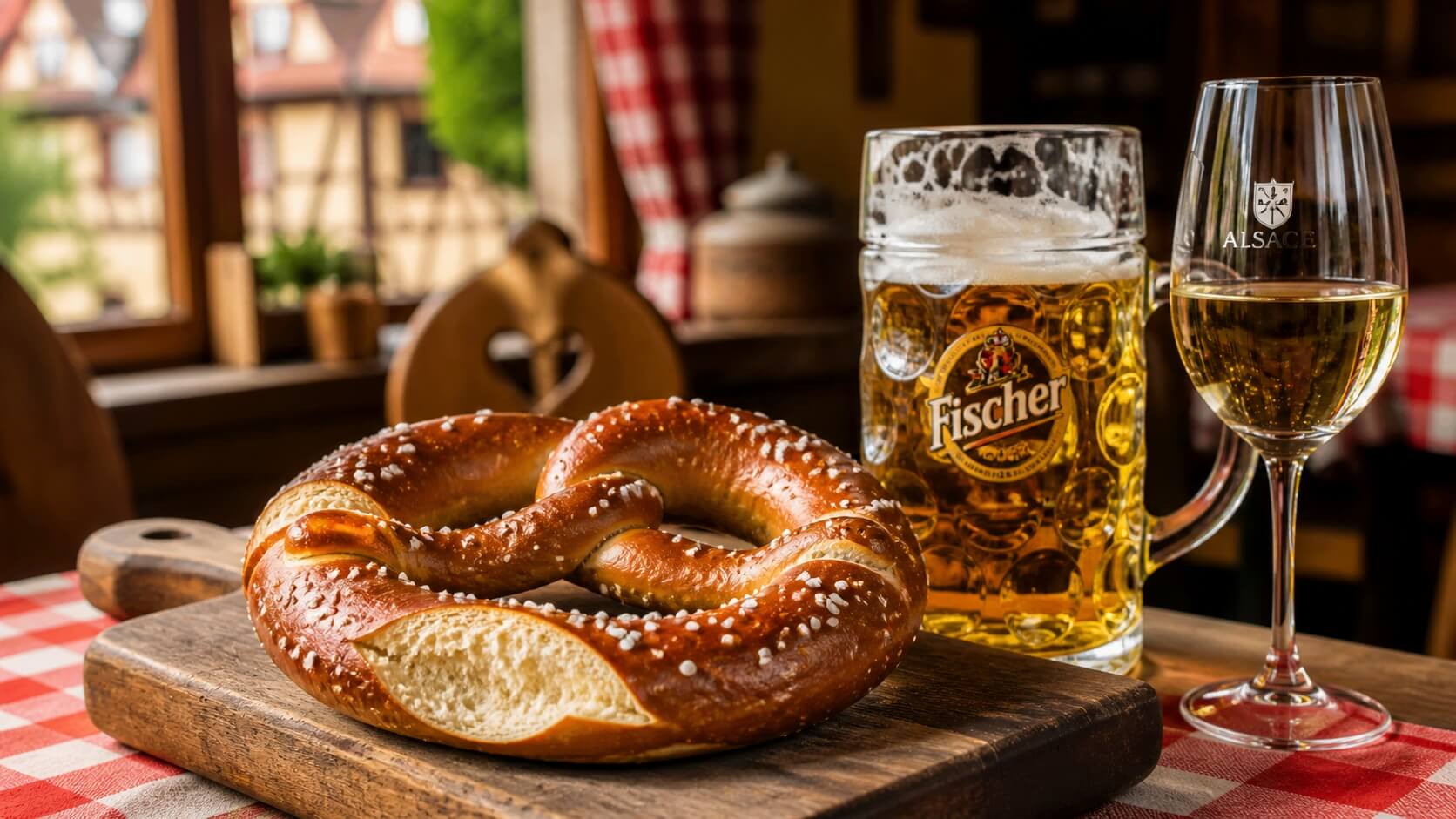 Bretzel alsacien traditionnel avec gros sel, croûte brillante et mie moelleuse, servi sur une table rustique avec bière et vin d’Alsace