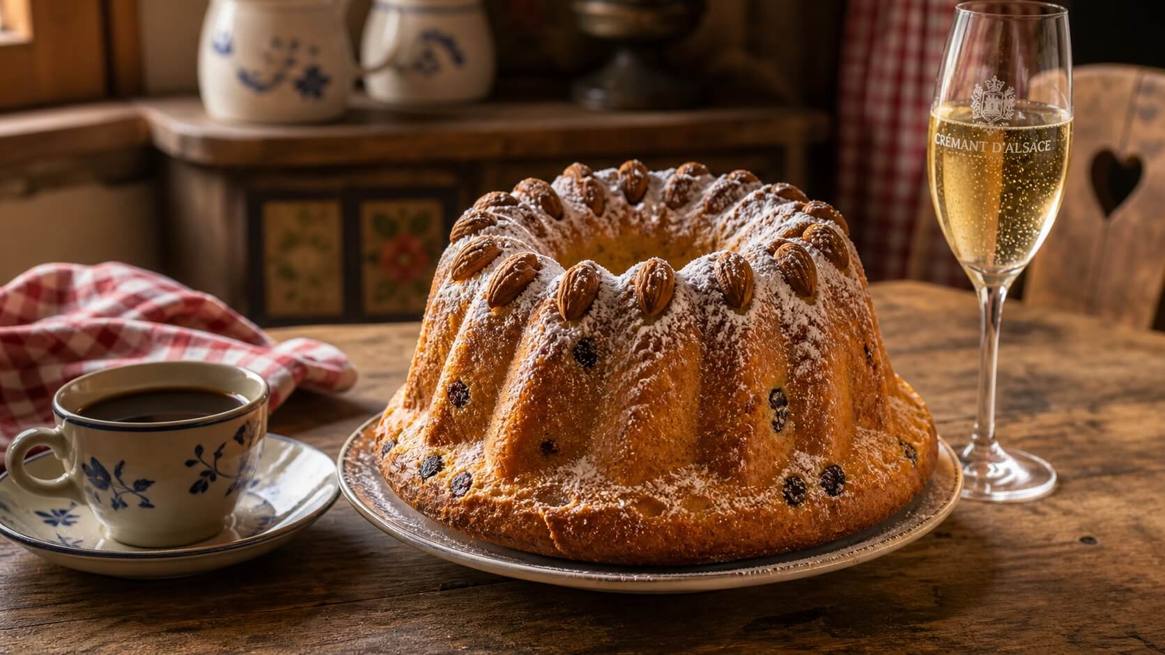 Kougelhopf alsacien traditionnel avec amandes, brioche dorée et moelleuse servie sur une table rustique avec café et crémant
