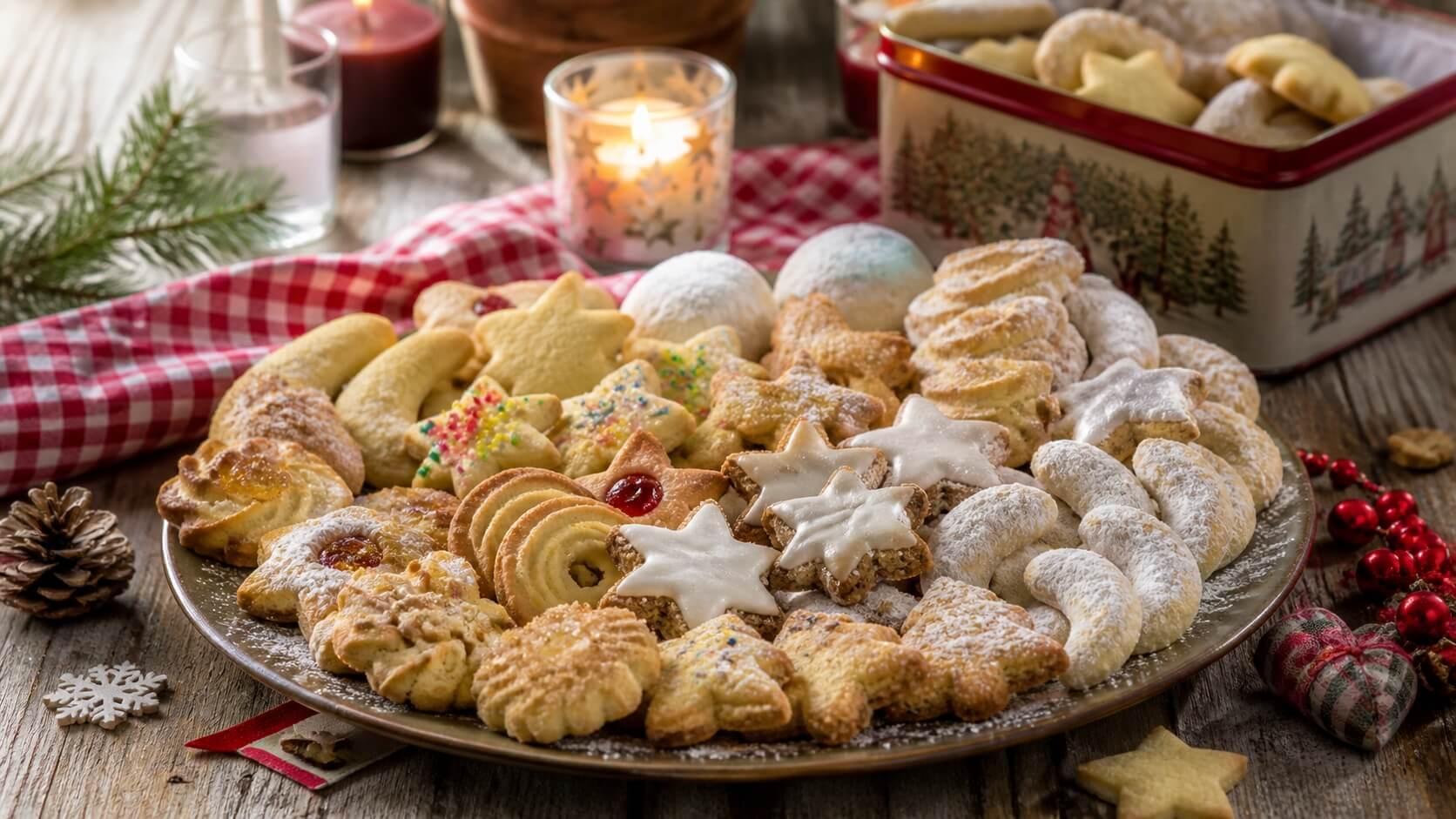 Plateau de bredele alsaciens variés (zimtsterne, sablés au beurre, spritz et vanillekipferl) sur une table en bois dans une ambiance de Noël