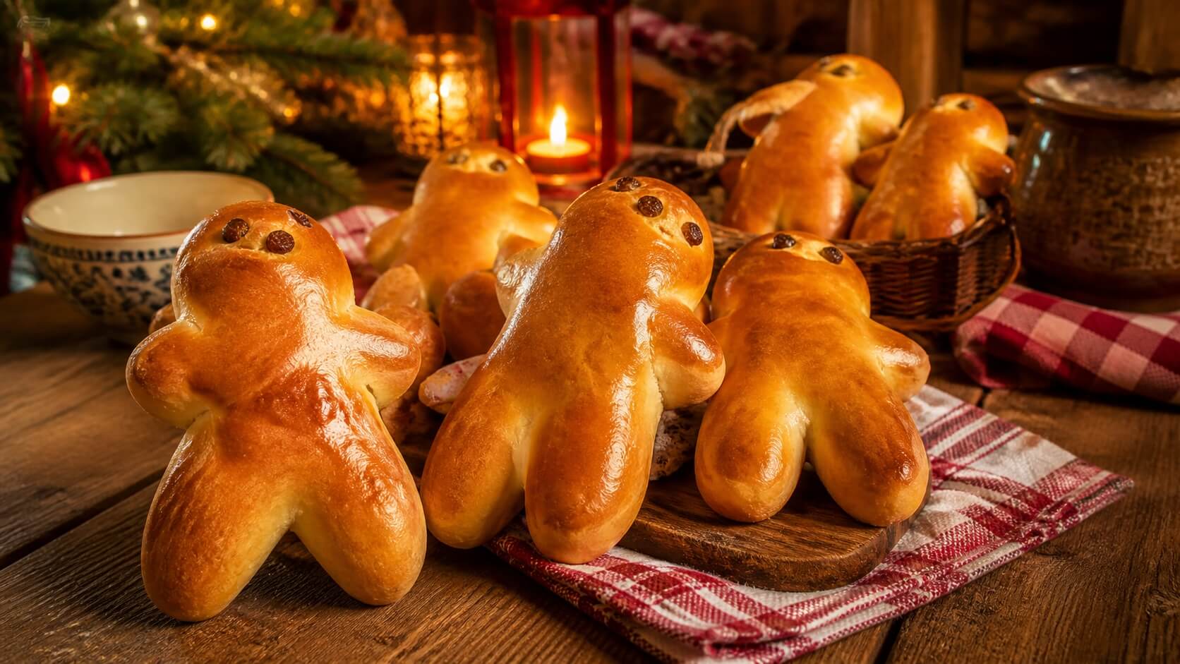 Mannala, petites brioches alsaciennes en forme de bonhomme, dorées et décorées de raisins secs, posées sur une table rustique dans une ambiance de Noël