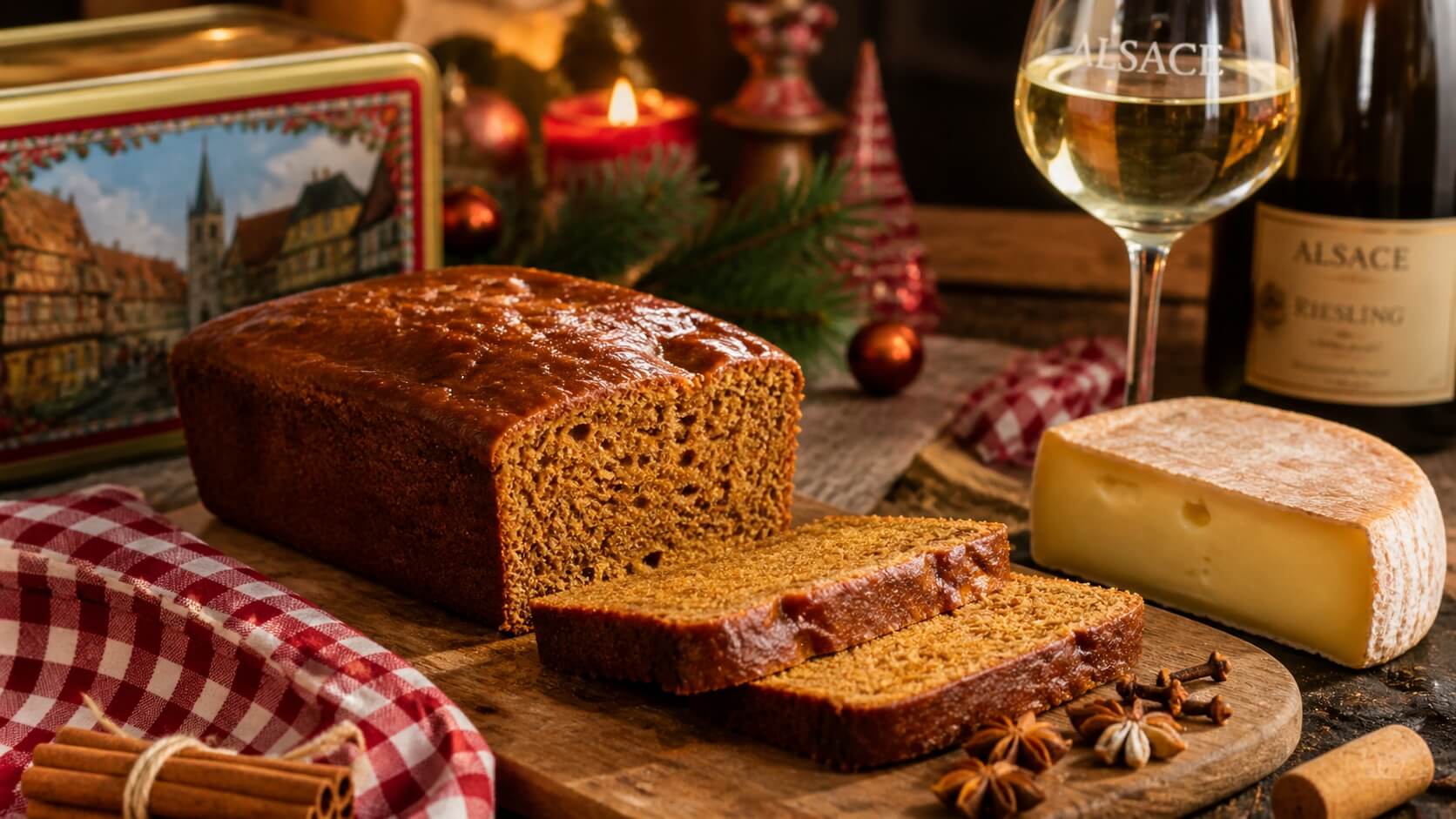 Pain d’épices alsacien traditionnel tranché sur table en bois avec fromage et vin d’Alsace dans une ambiance de Noël