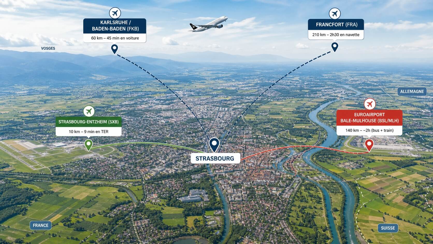 Carte des aéroports proches de Strasbourg avec leurs distances et accès depuis la ville