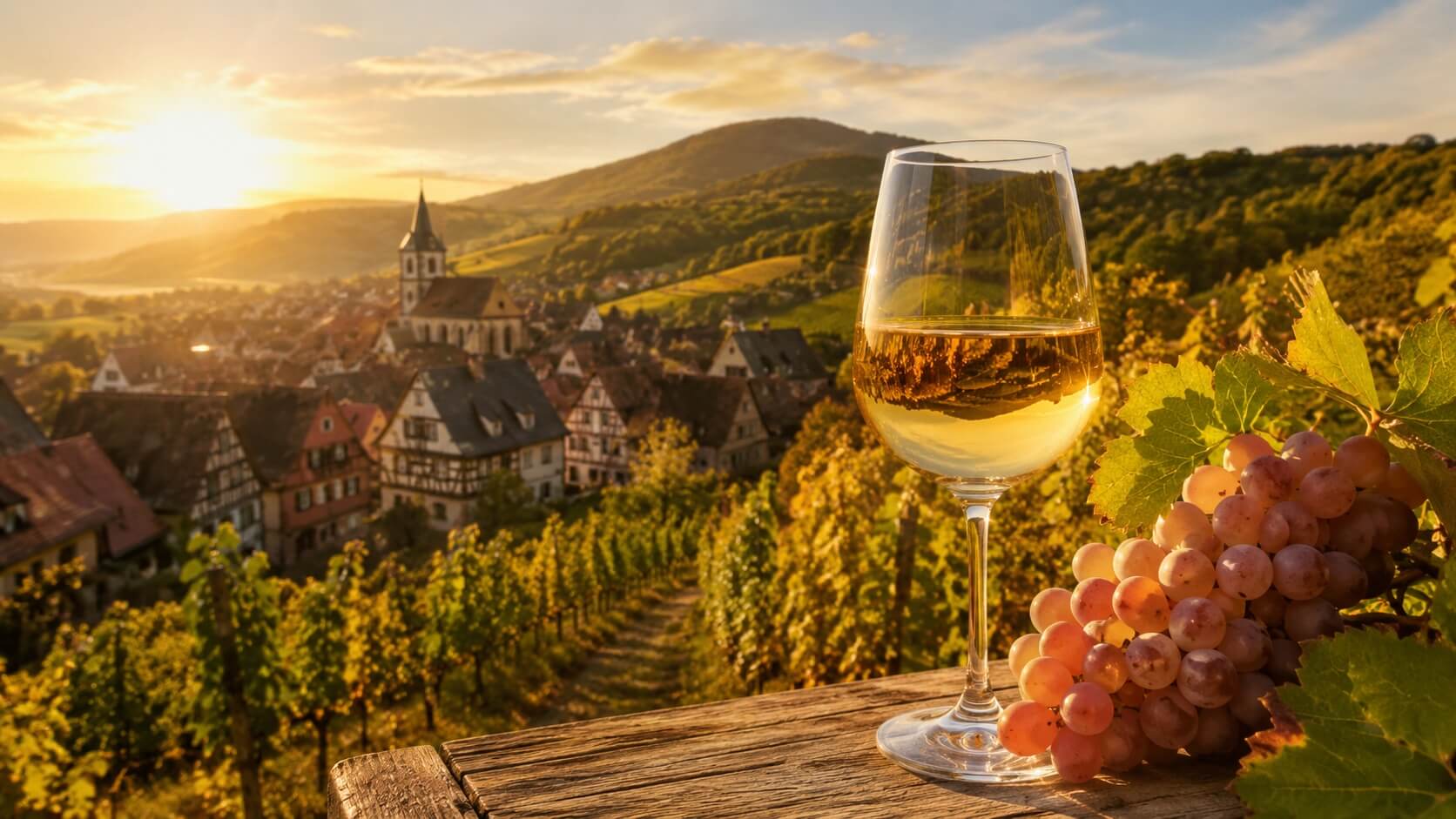 Verre de gewurztraminer d’Alsace posé devant des vignes alsaciennes au coucher du soleil avec village viticole en arrière-plan