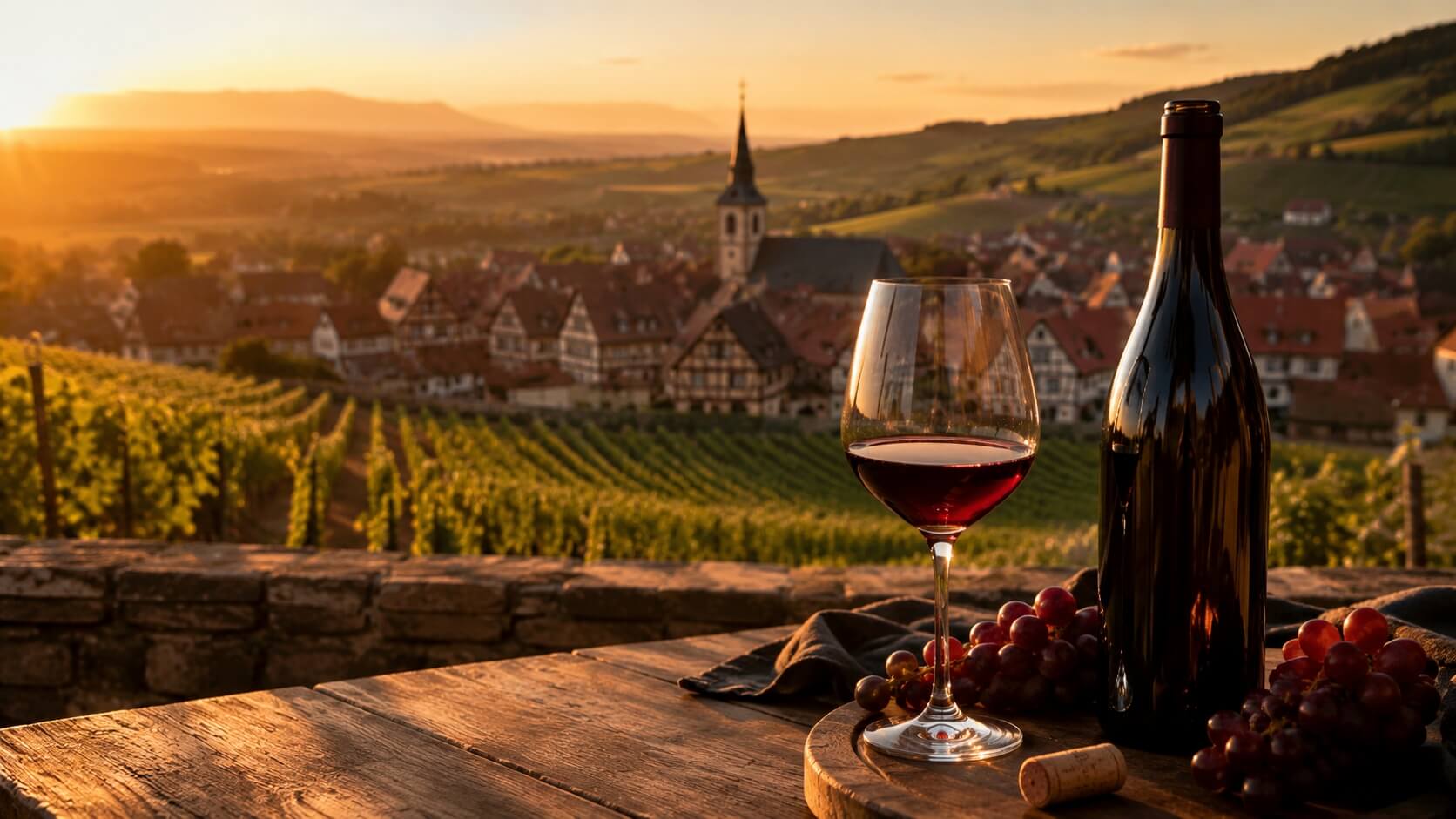 Verre de Pinot Noir d’Alsace rouge rubis posé dans un vignoble alsacien avec village à colombages et collines viticoles en arrière-plan