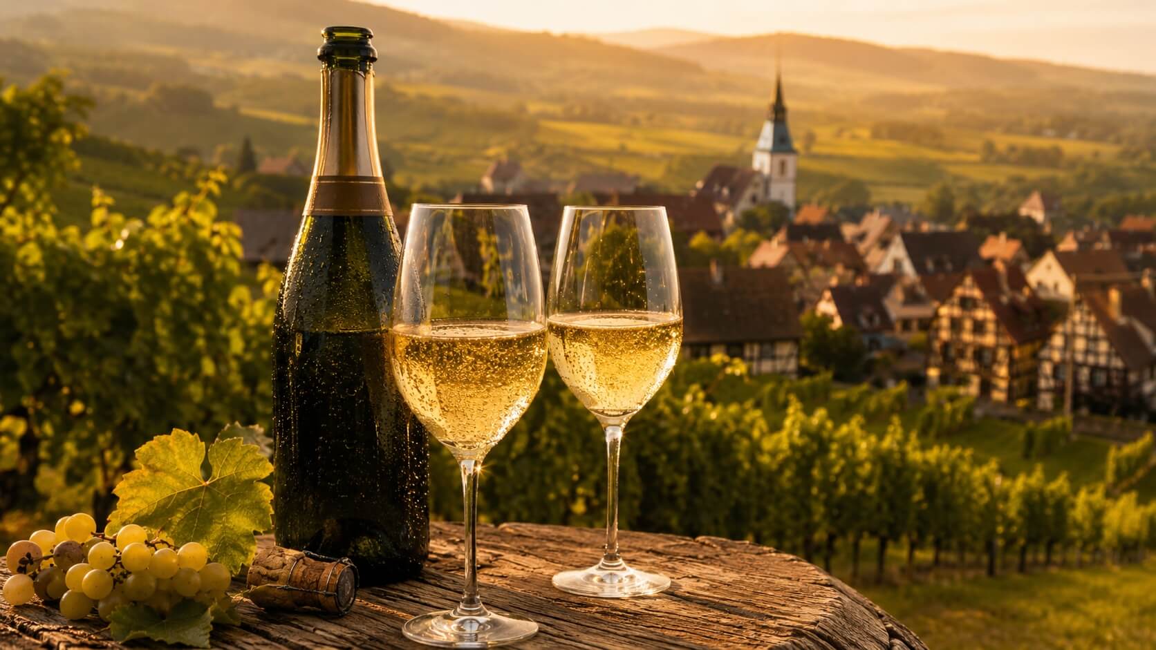 Deux verres de Crémant d’Alsace servis devant une bouteille ouverte, avec des vignobles et un village alsacien en arrière-plan.

Select 80 more words to run Humanizer.