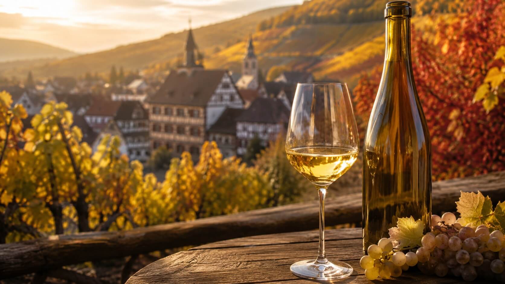 Verre de vendanges tardives d’Alsace doré posé sur une table en bois avec vignoble alsacien automnal et village à colombages en arrière-plan.