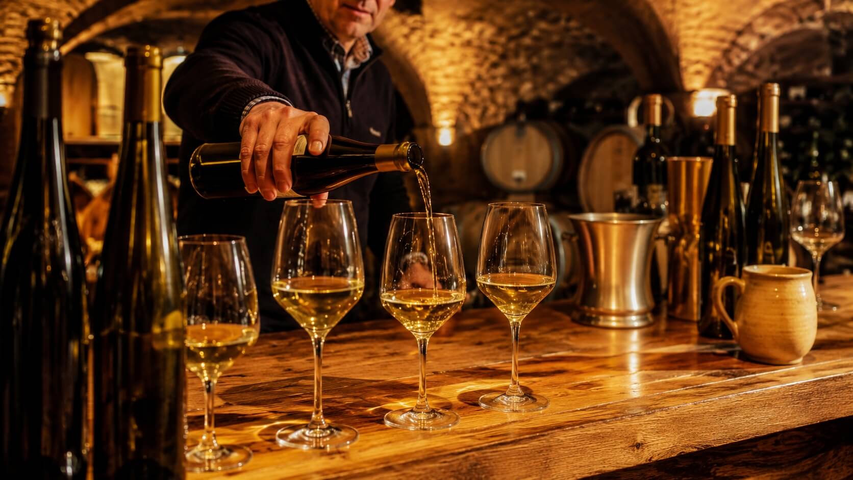Verres de vins blancs d’Alsace dégustés dans une cave viticole traditionnelle avec bouteilles et tonneaux en arrière-plan.