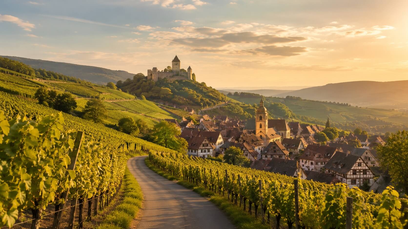 Vue panoramique des vignobles de la Route des vins d’Alsace avec villages à colombages, collines couvertes de vignes et lumière dorée de fin de journée.
