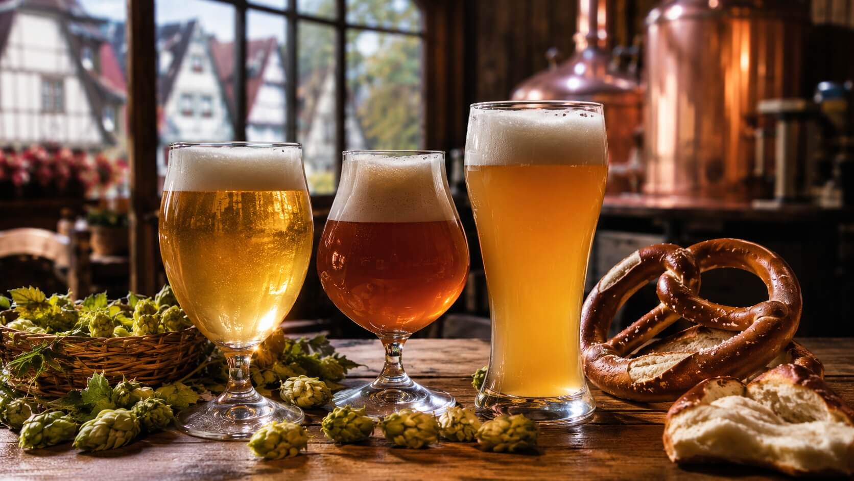 Verres de bières alsaciennes servis sur une table en bois avec bretzels, houblon et ambiance de brasserie traditionnelle en Alsace.