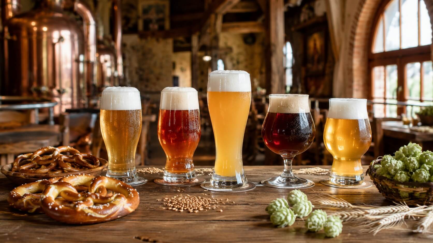 Verres de bières artisanales alsaciennes posés sur une table en bois dans une brasserie chaleureuse, avec bretzels et ambiance traditionnelle.