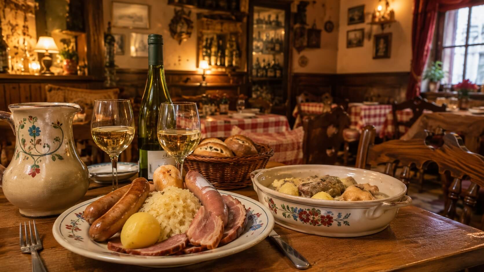Table chaleureuse dans une winstub alsacienne avec choucroute, baeckeoffe, vin blanc d’Alsace et décor traditionnel en bois.