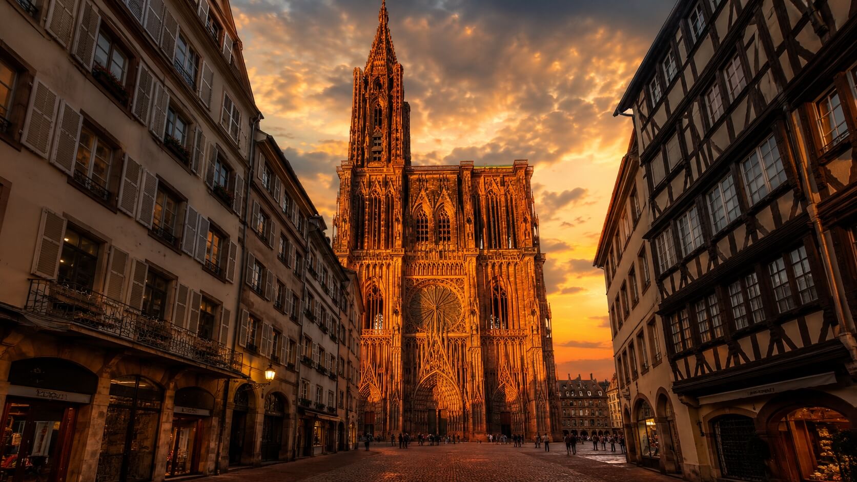 Vue de la façade gothique de la cathédrale Notre-Dame de Strasbourg éclairée par la lumière du coucher du soleil depuis la rue Mercière.