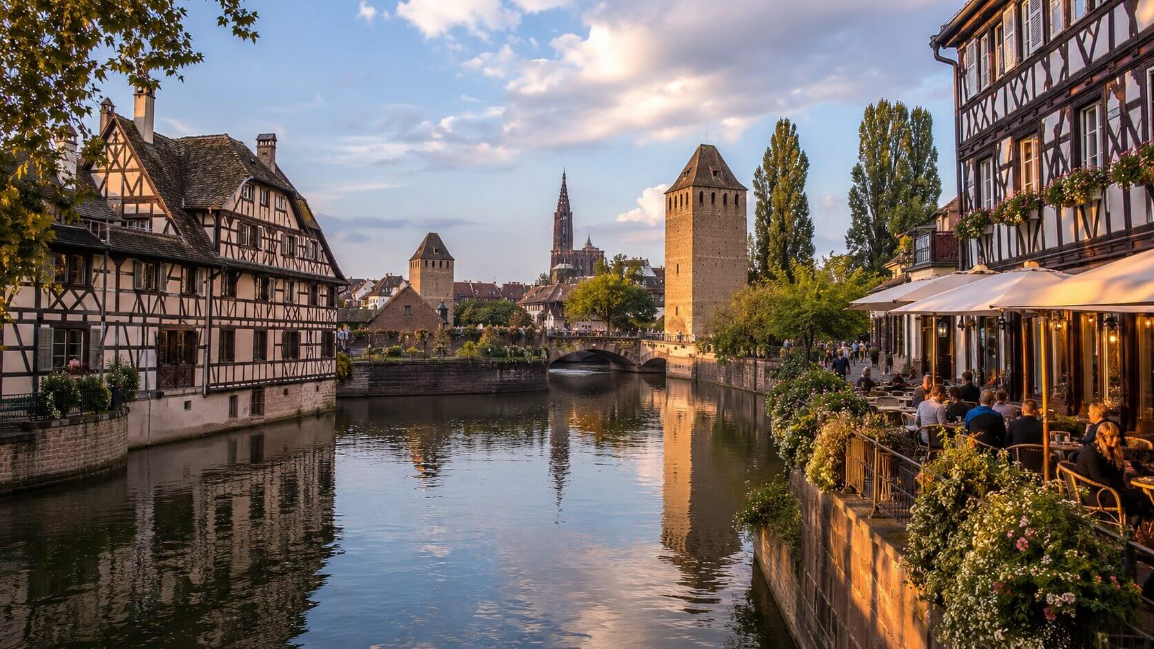 Vue de Strasbourg en fin d’après-midi avec les maisons à colombages de la Petite France, les canaux de l’Ill et la cathédrale Notre-Dame au loin, illustrant un itinéraire de visite de trois jours.