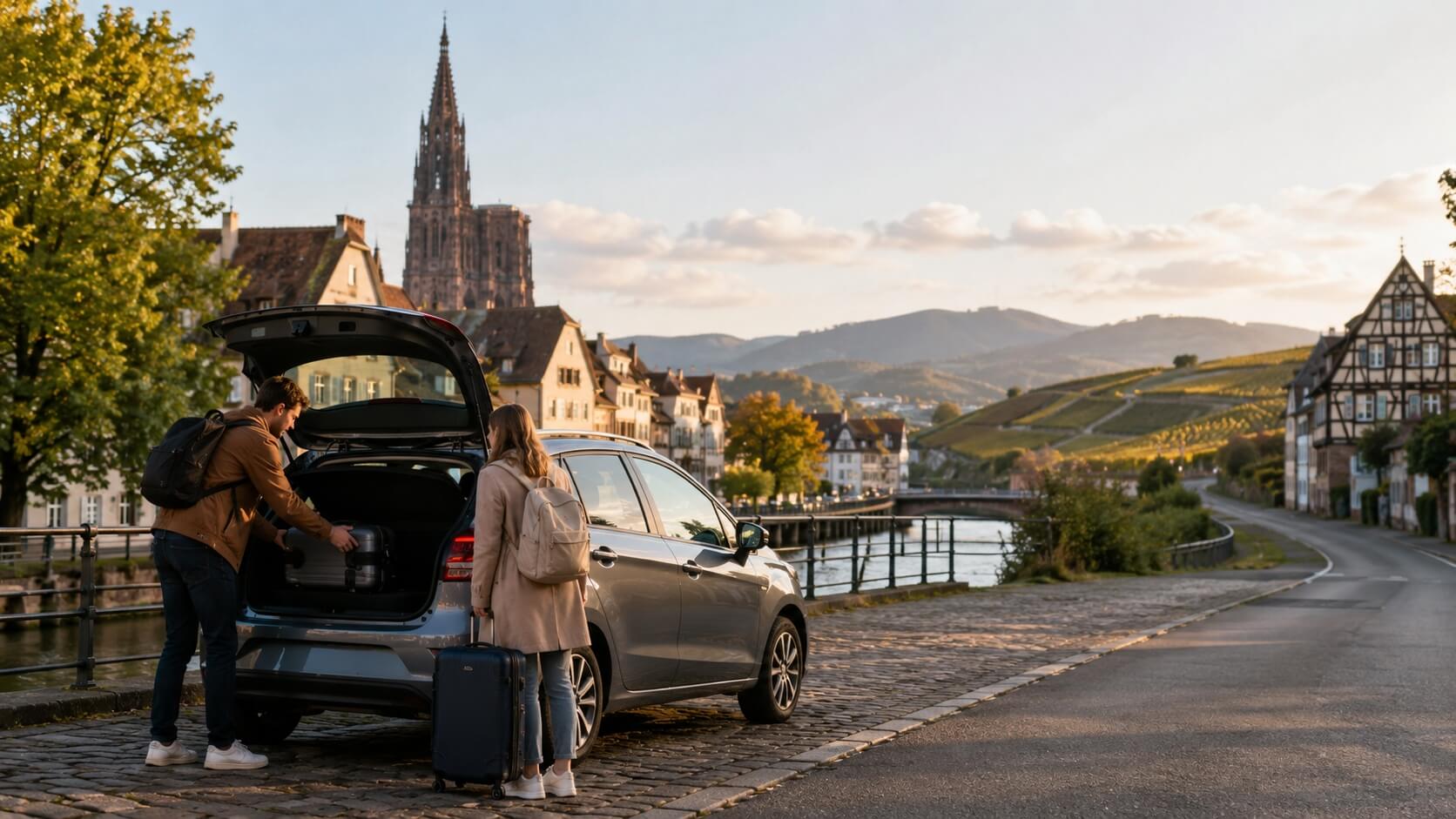 Voiture de location prête au départ près de Strasbourg, avec ambiance de road trip vers les villages alsaciens et les Vosges.