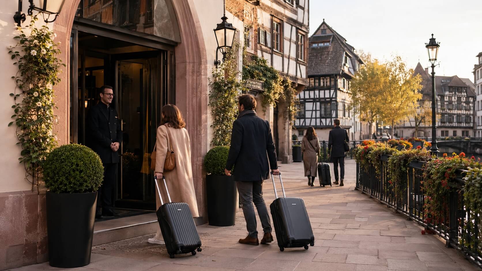 Vue chaleureuse d’une rue de Strasbourg avec hôtels de charme, façades alsaciennes et voyageurs arrivant avec leurs bagages, illustrant les meilleurs quartiers où dormir à Strasbourg.
