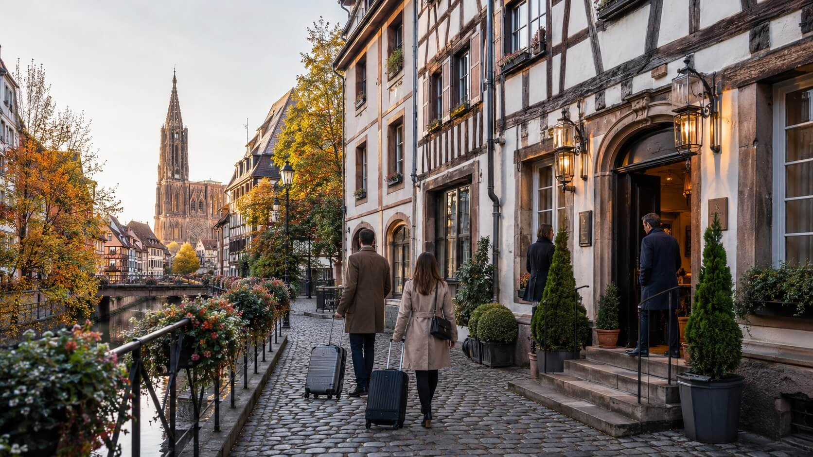 Voyageurs arrivant devant un hôtel de charme dans le centre historique de Strasbourg, avec façades à colombages et ambiance chaleureuse de fin de journée.