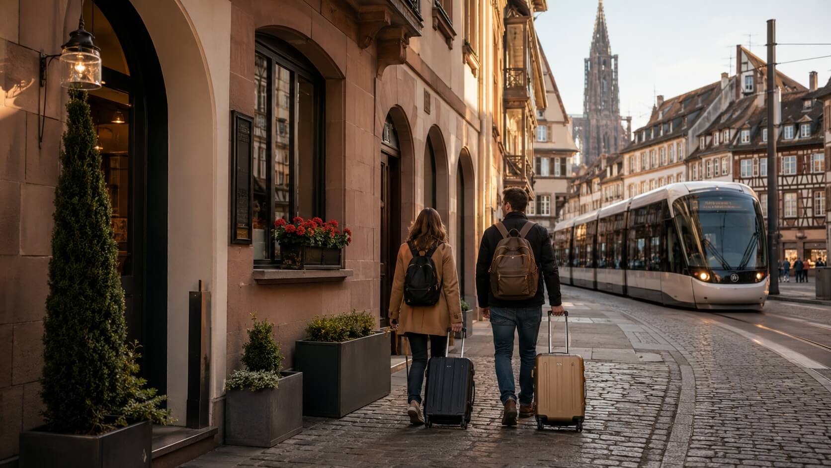 Voyageurs avec valises devant un hôtel abordable à Strasbourg, près du tram et des façades alsaciennes du centre-ville.