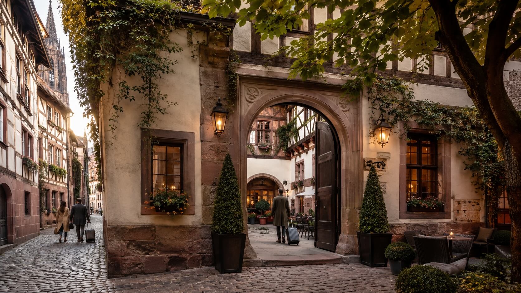 Entrée d’un hôtel de charme dans le centre historique de Strasbourg, avec façade alsacienne, ruelle pavée et ambiance chaleureuse de séjour romantique.