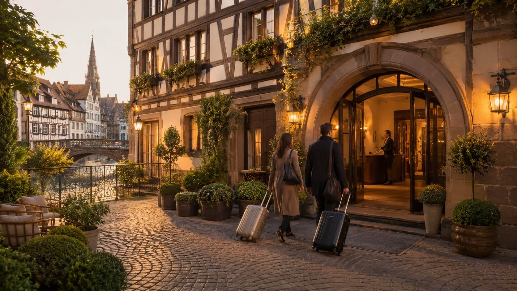 Entrée élégante d’un hôtel spa à Strasbourg, avec architecture alsacienne, ambiance bien-être et lumière douce de fin d’après-midi.