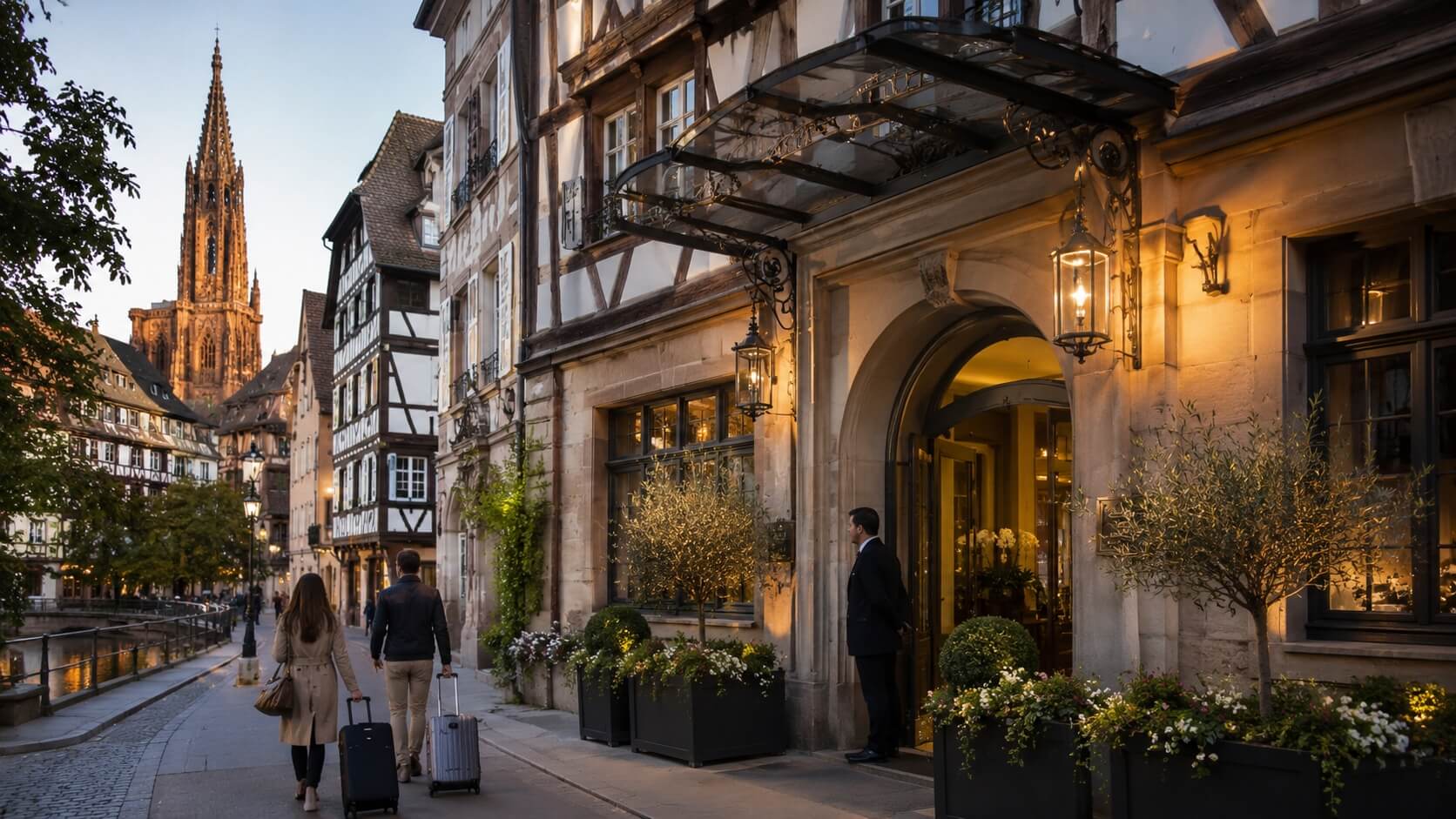Entrée élégante d’un hôtel 5 étoiles dans le centre historique de Strasbourg, avec façade alsacienne soignée, voyageurs discrets et ambiance haut de gamme.