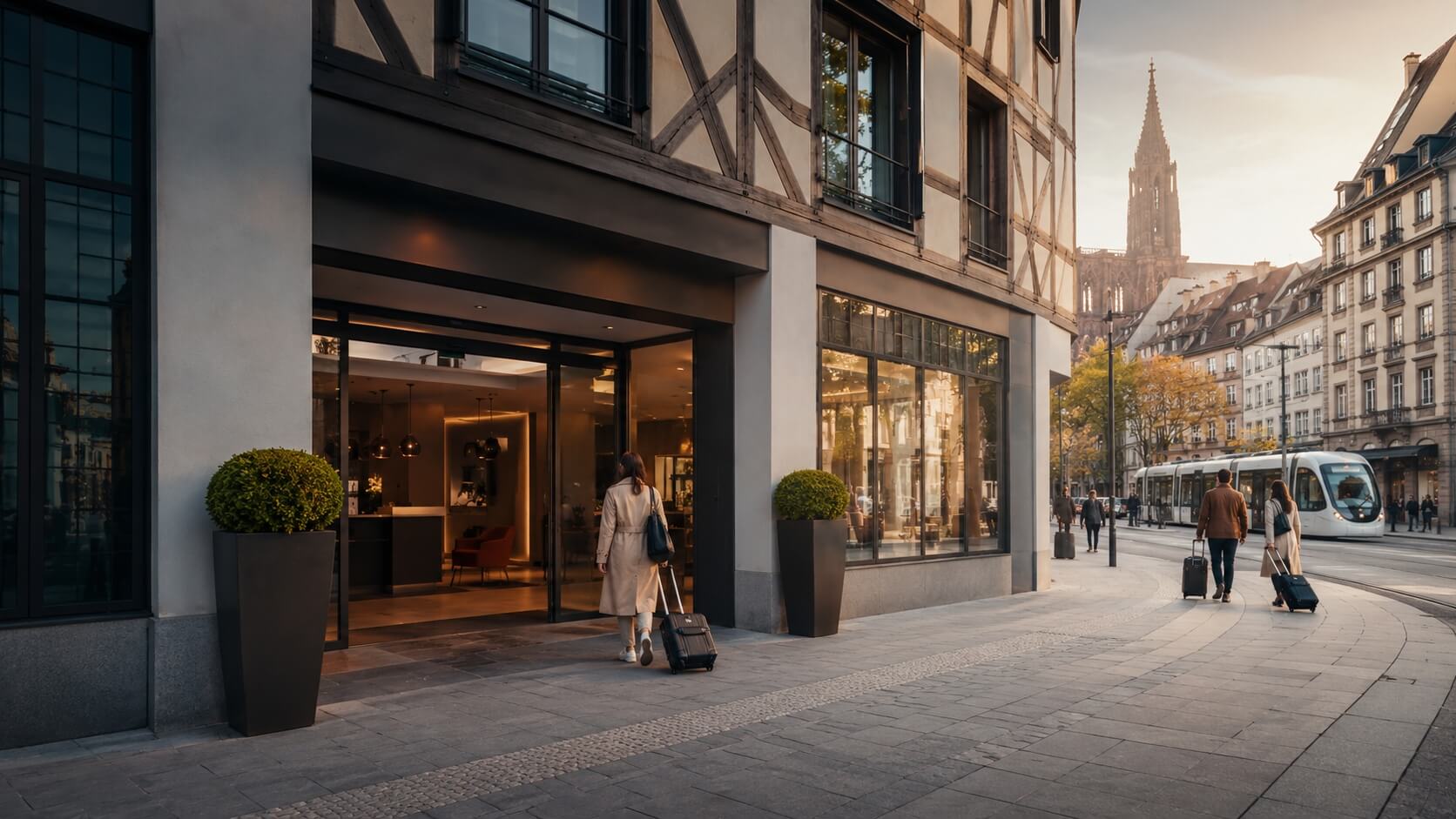 Entrée d’un appart hôtel à Strasbourg avec voyageurs et valises, dans une ambiance urbaine confortable proche du centre historique.
