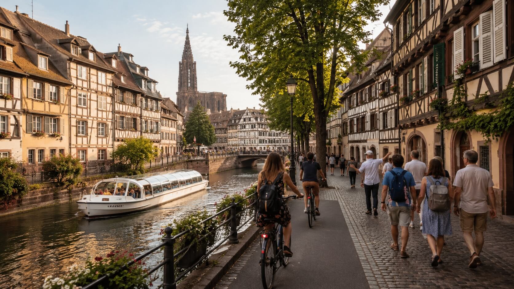 Bateau-promenade, cyclistes et visiteurs découvrant Strasbourg entre l’Ill, les ruelles historiques et la cathédrale.
