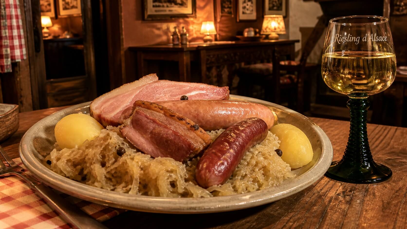 Choucroute garnie alsacienne avec saucisses, lard et pommes de terre dans un restaurant typique d’Alsace