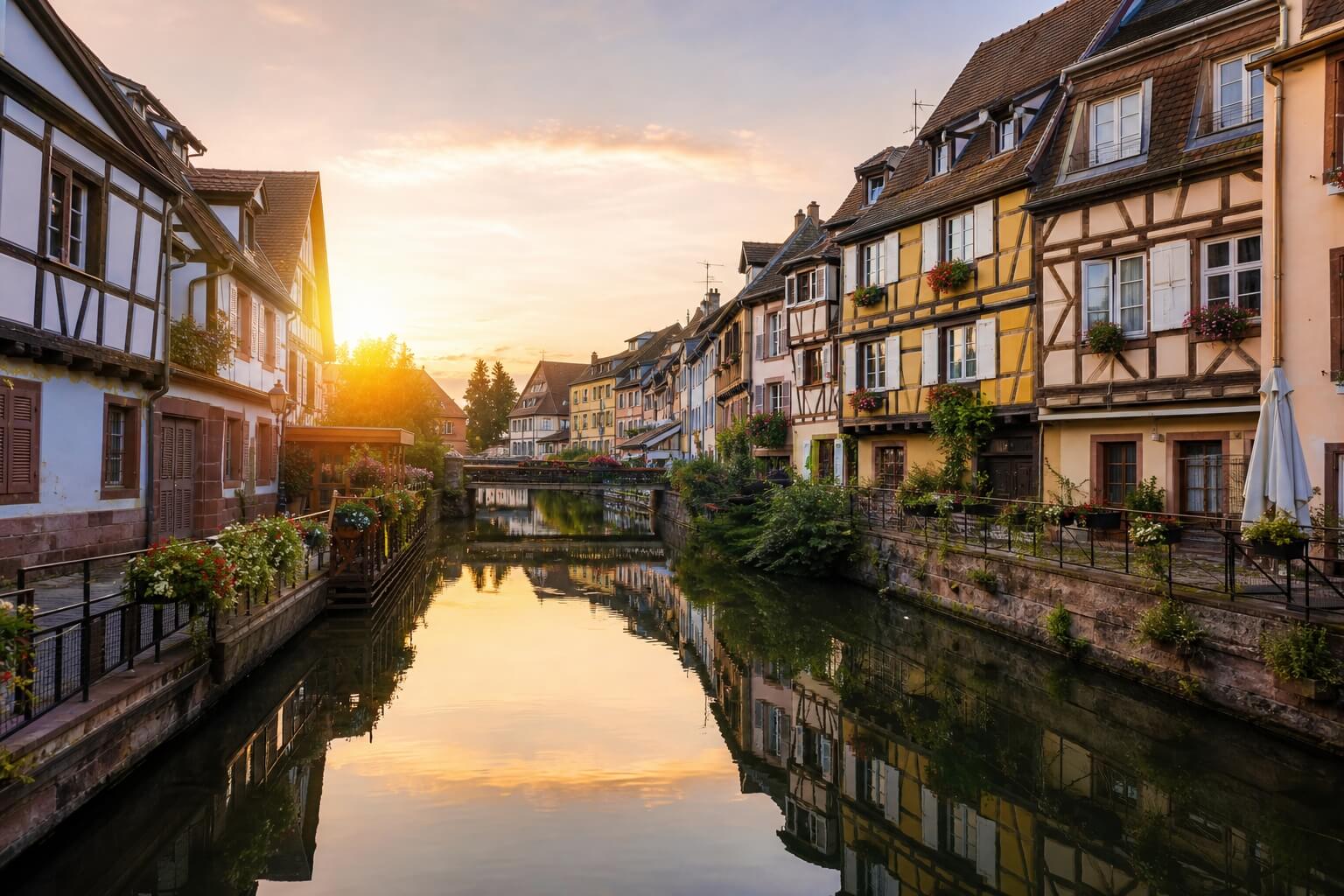 Maisons à colombages colorées le long de la Lauch dans le quartier paisible de la Krutenau à Colmar