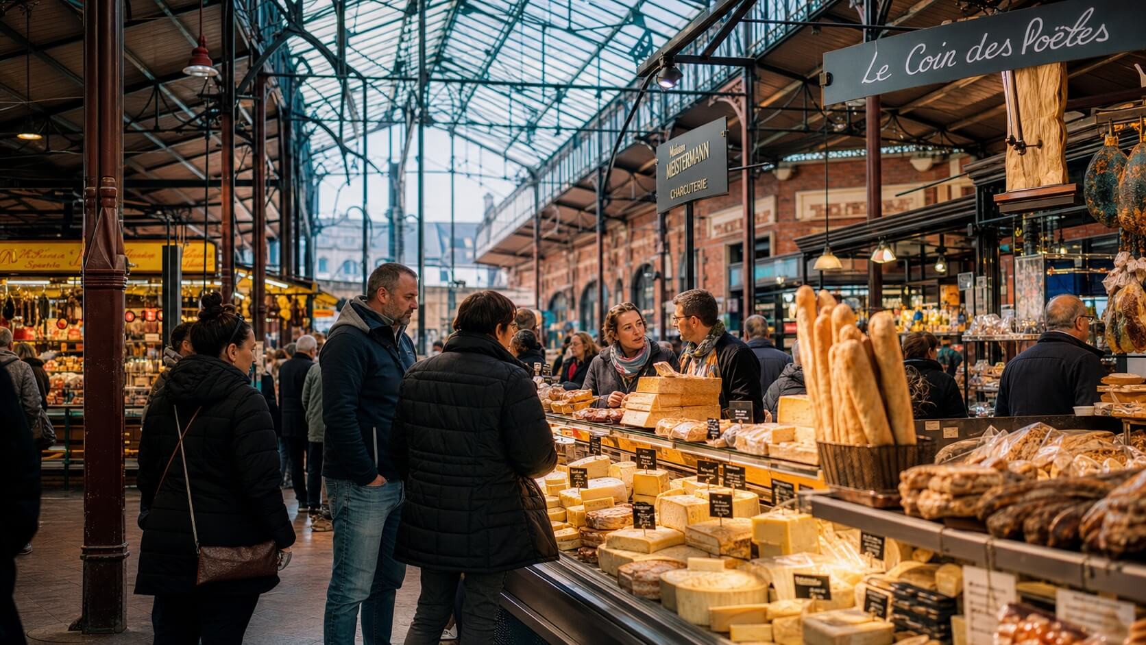 Intérieur du marché couvert de Colmar avec étals de produits alsaciens et visiteurs dans une halle en briques lumineuse