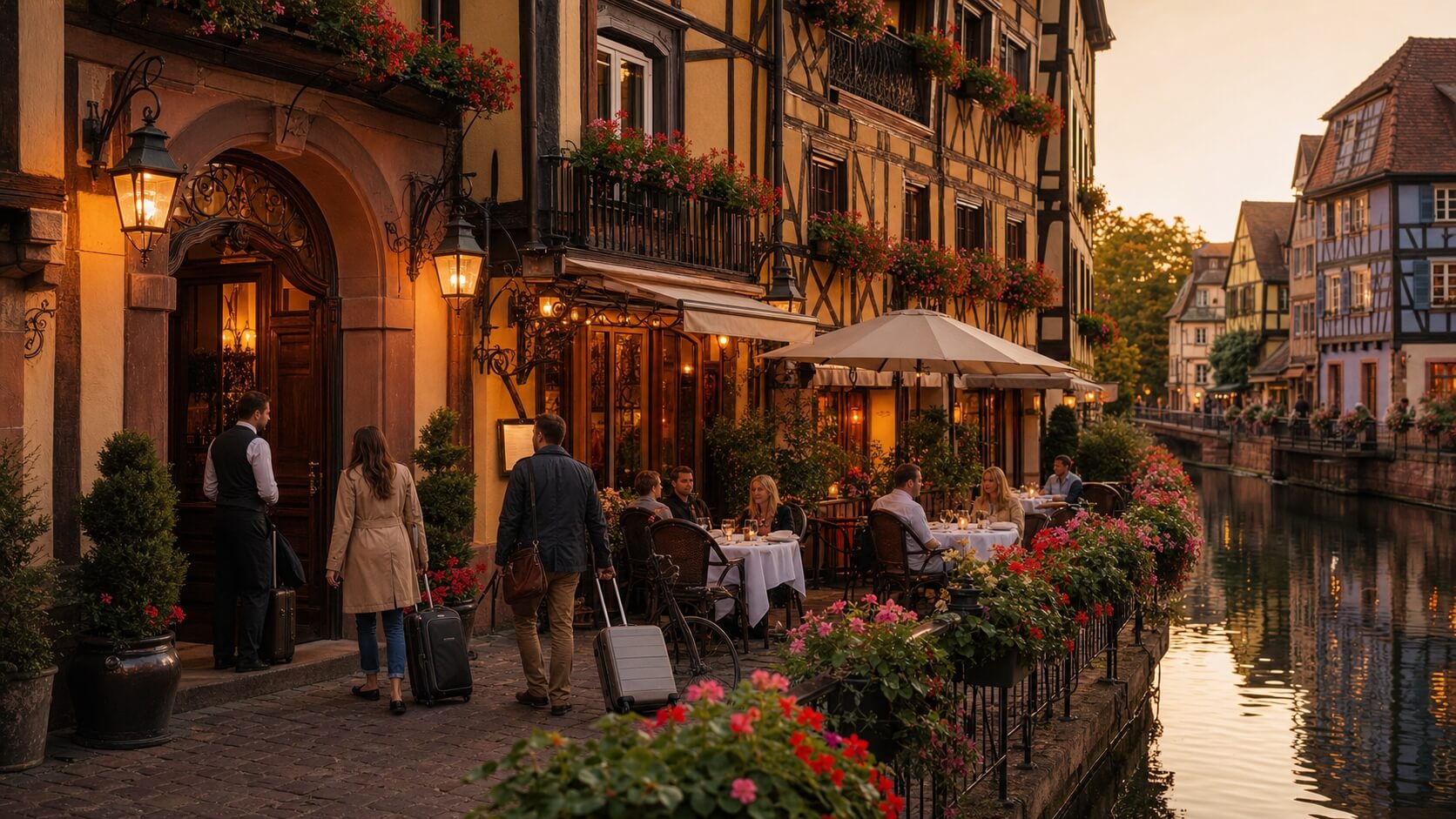 Façade d’un hôtel à colombages avec terrasse fleurie dans le centre historique de Colmar, proche de la Petite Venise