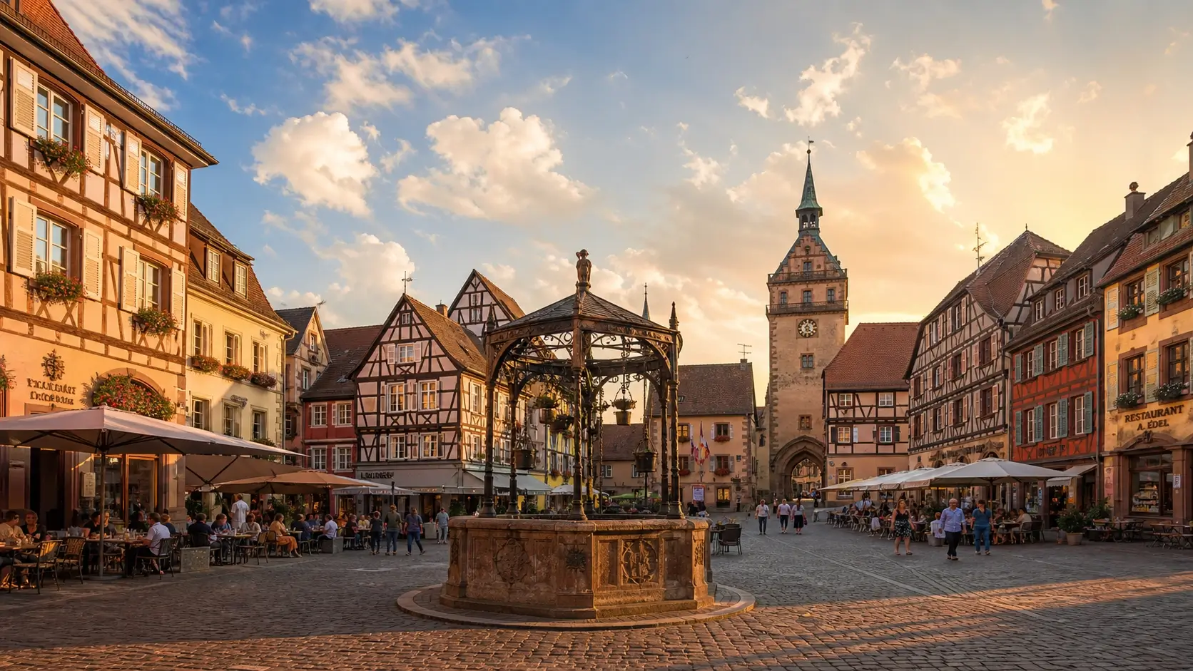 Vue de la place du Marché d’Obernai avec le puits Renaissance et les maisons à colombages colorées en Alsace
