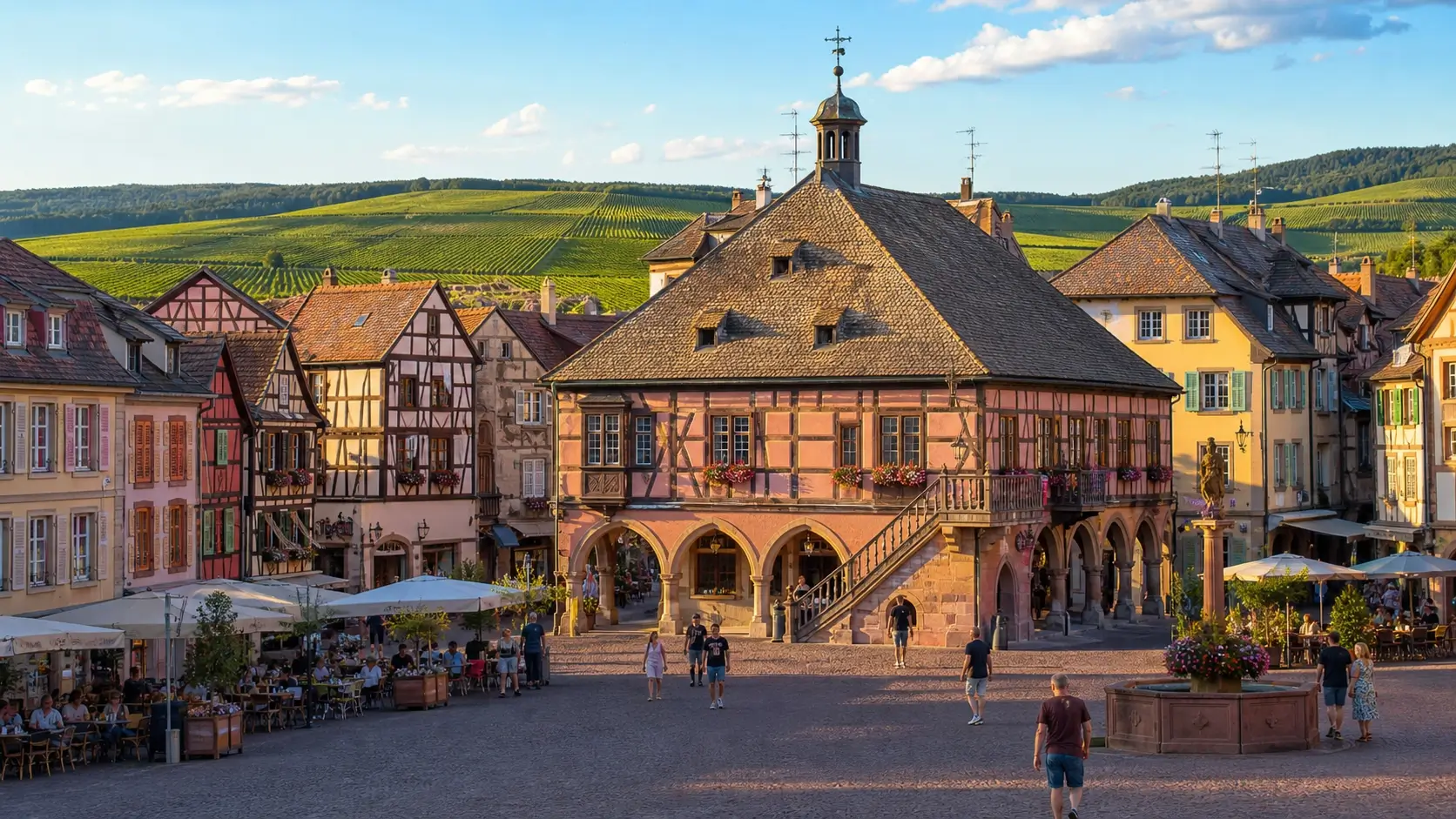 Vue de la Metzig à Molsheim avec la place centrale et les maisons alsaciennes traditionnelles