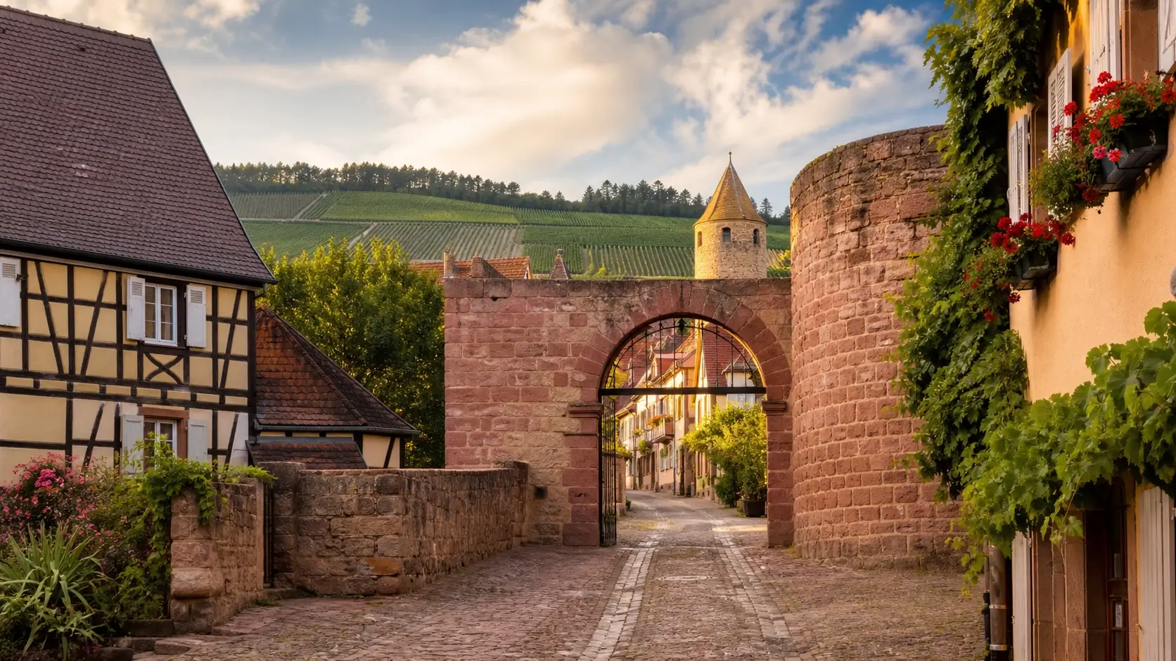 Porte médiévale et maisons à colombages dans le centre historique de Rosheim, en Alsace.