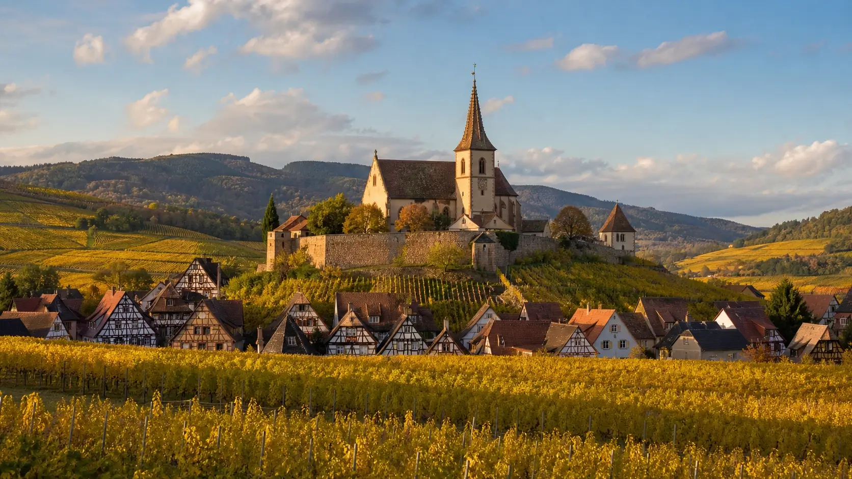 Vue du village de Hunawihr avec son église fortifiée entourée de vignes sur la Route des Vins d’Alsace
